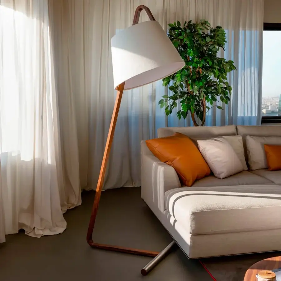 Distinctive Horm Numero 3 floor lamp with angled form and light textile lampshade in warm-toned wood construction