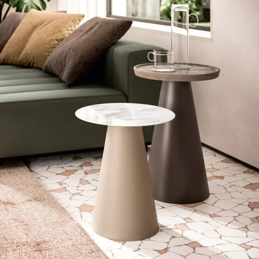 Elegant Ozzio Italia Kony side table with a beige conical base and white marble-patterned circular top