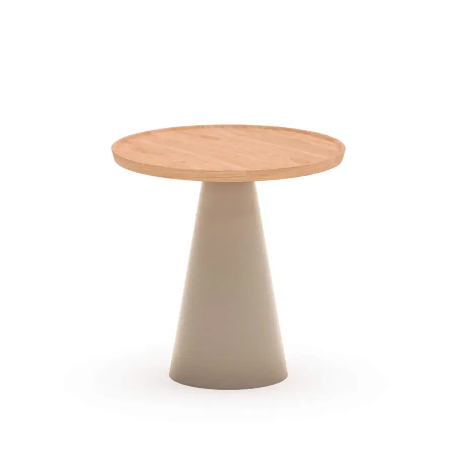 Exceptional Ozzio Italia Kony side table crafted with a beige conical base and light brown wood grain tabletop