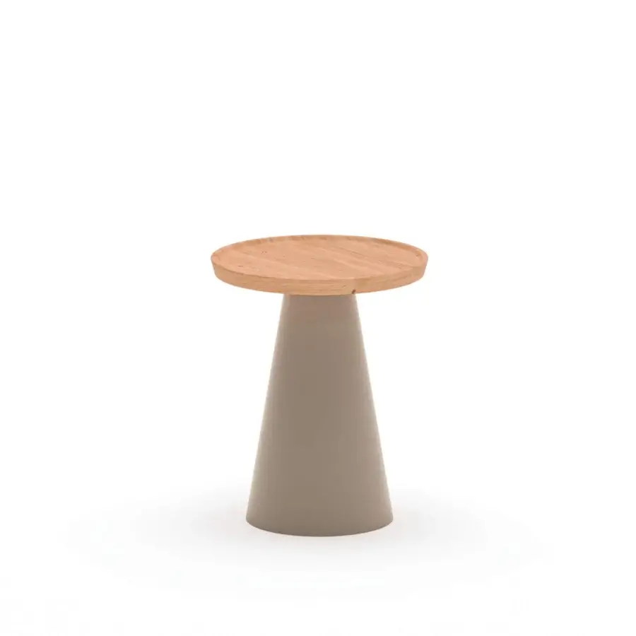 Harmonious Ozzio Italia Kony side table with a grayish-brown conical base and light brown wood circular top crafted with a smooth matte finish