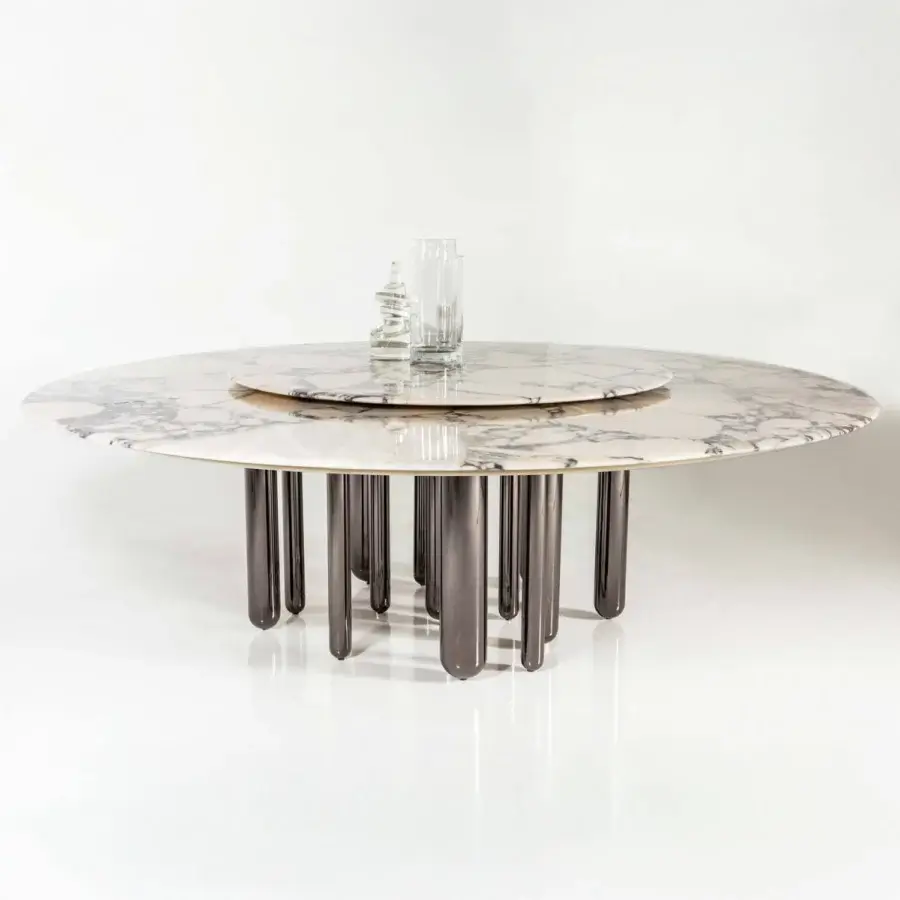 Superior Casa Casati Discoteca table with grey veined marble top and dark bronze tubular brass legs