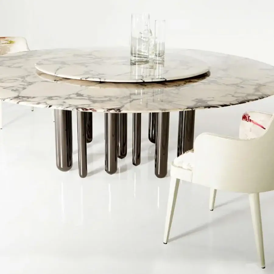 Superior Casa Casati Discoteca table built with glossy veined marble, dark metal legs and lacquered orange underside