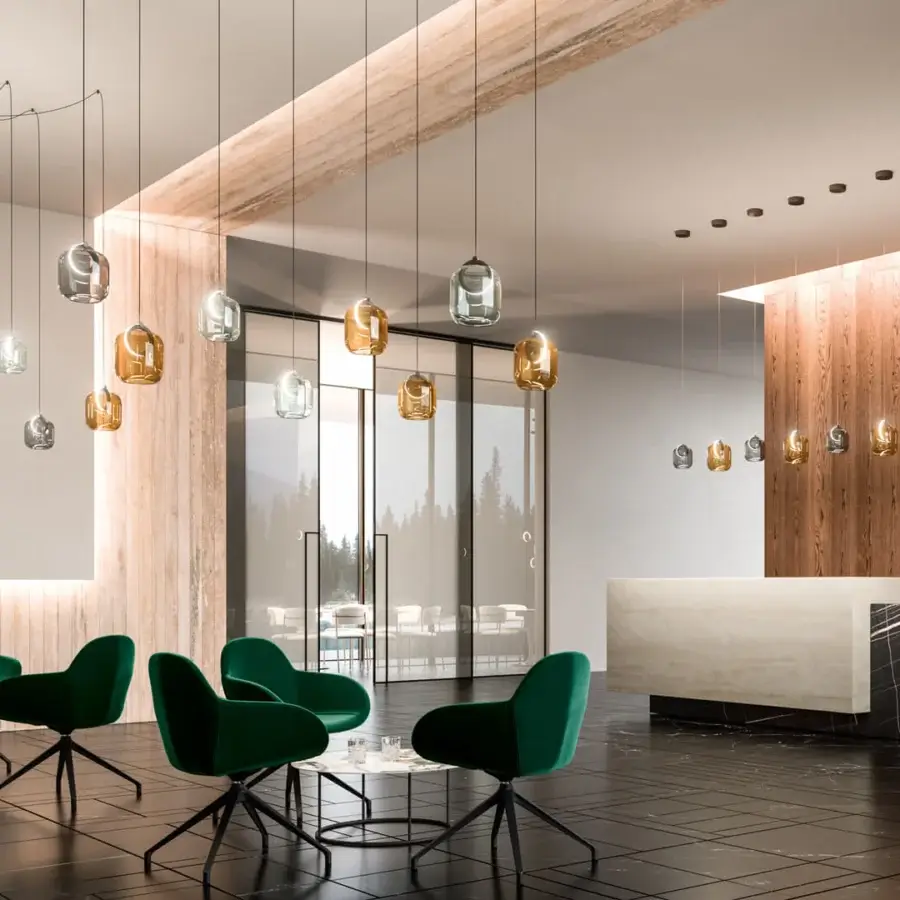 Elegant Ozzio Italia Botticelle suspension lamp with translucent glass shades in silver and amber tones, crafted with a round metal body