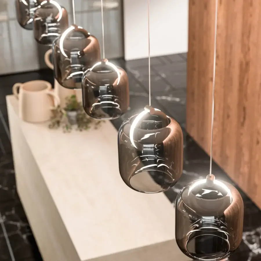 Elegant Ozzio Italia Botticelle suspension lamp with blown glass diffusers and a smoky tint in wood and metal