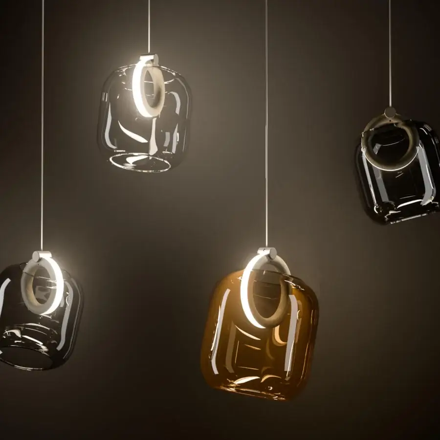 Distinguished Ozzio Italia Botticelle suspension lamp with a metal body and blown clear glass diffusers exhibiting clean lines