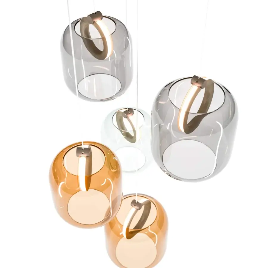 Exceptional Ozzio Italia Botticelle suspension lamp with a round metal body and clear blown glass diffuser embraced by a light wood ring