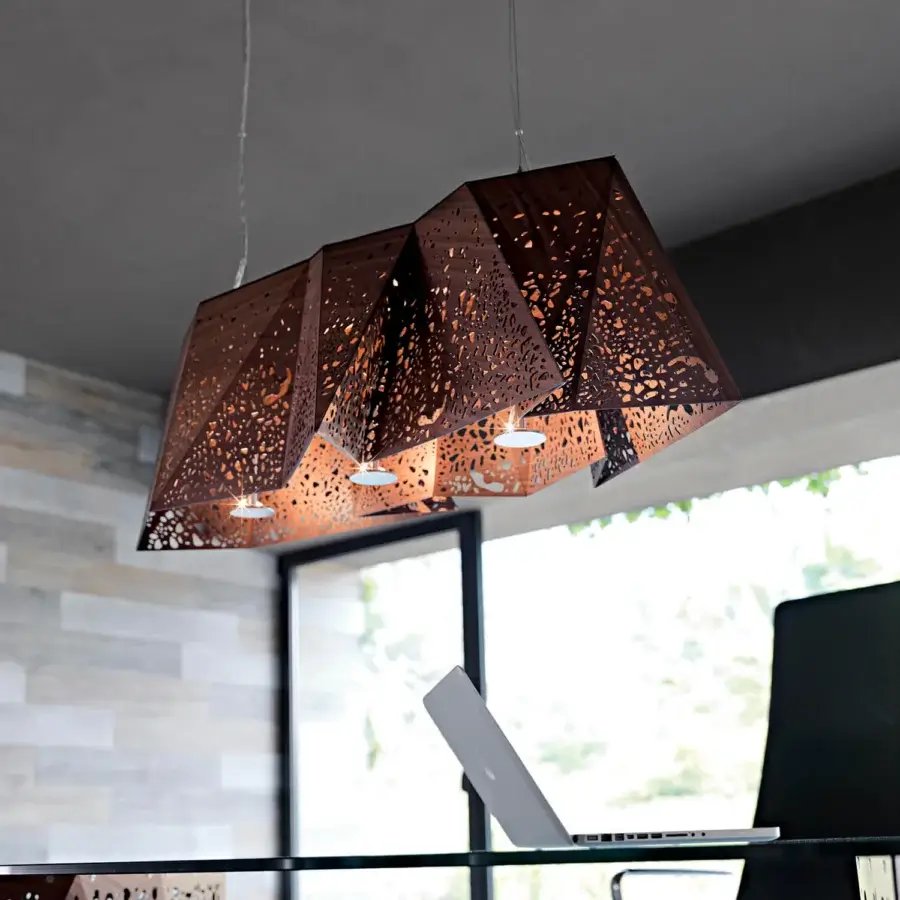 Innovative Horm Plywood Suspension Lamp crafted in medium-dark brown laser-etched wood with geometric form and light perforations