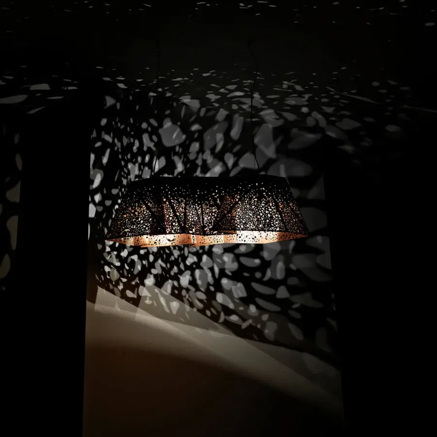 Distinguished Horm Plywood Suspension Lamp crafted in dark laser-etched wood with a warm copper-toned band and architectural folds