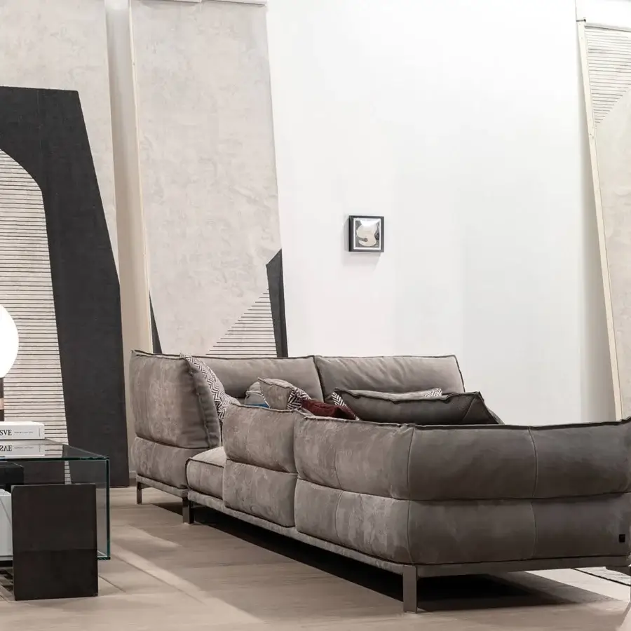 Exceptional Cierre1972 Up-Down sectional with sophisticated gray textile upholstery and raw-cut edges