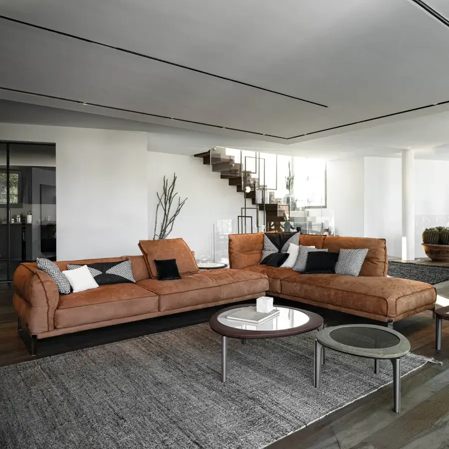 Distinguished Cierre1972 Up-Down sectional in brown textile with matte finish and raw-cut edges exhibiting elegant design details
