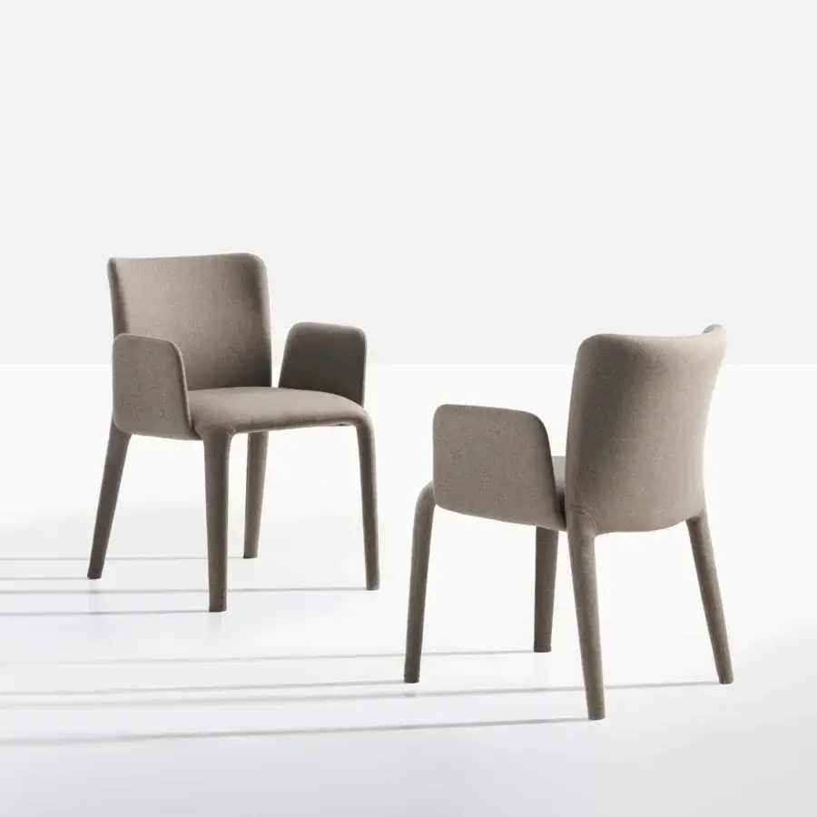 Superior Potocco Lars armchair with sinuous form fully upholstered in light brown textile with matte finish
