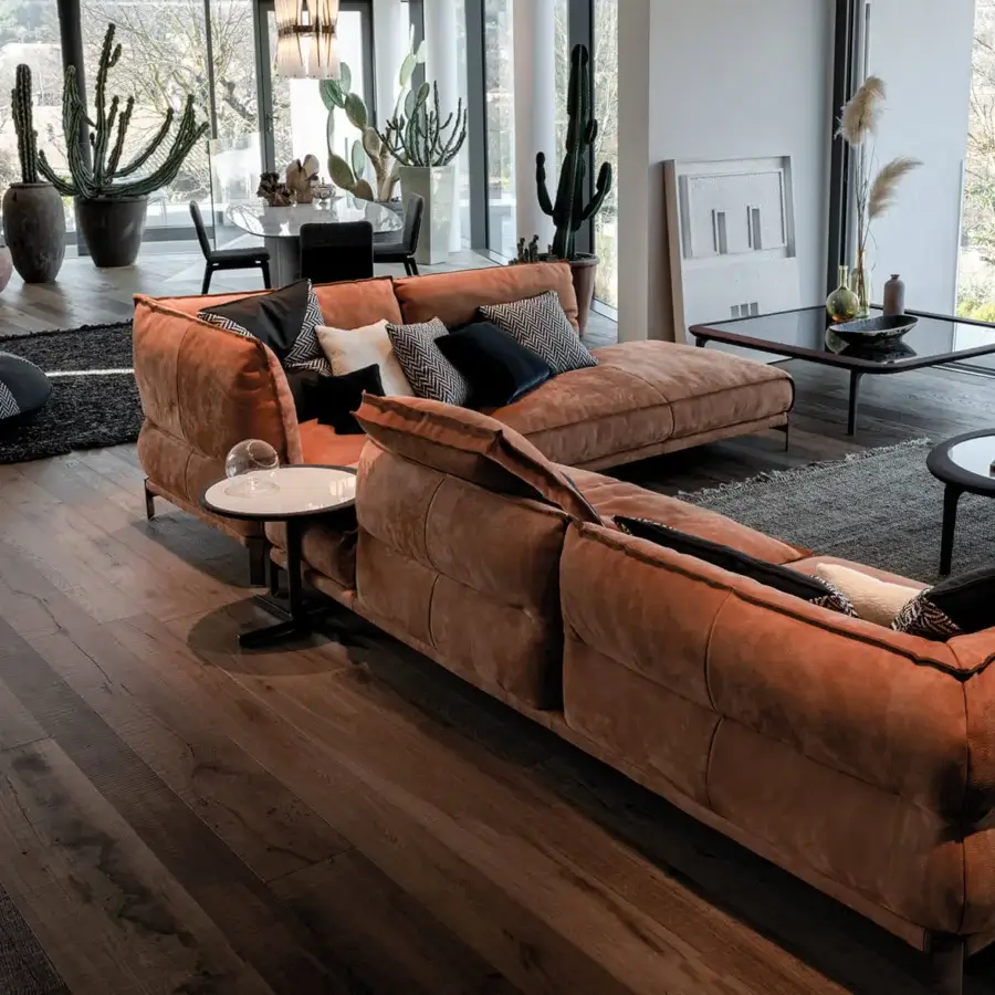 Exceptional Cierre1972 Up-Down sectional in earthy brown textile with raw-cut edges and adjustable backrests