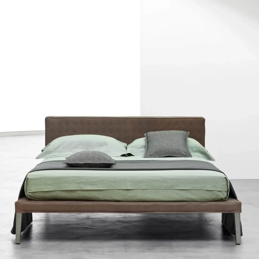 Superior Horm Ebridi bed with removable brown textile cover and solid beechwood feet in mocha lacquer finish