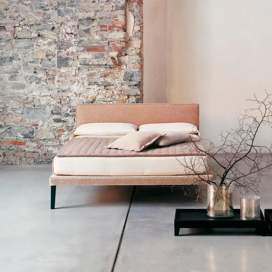 Superior Horm Ebridi bed with textured beige textile upholstery and mocha lacquered solid beechwood legs