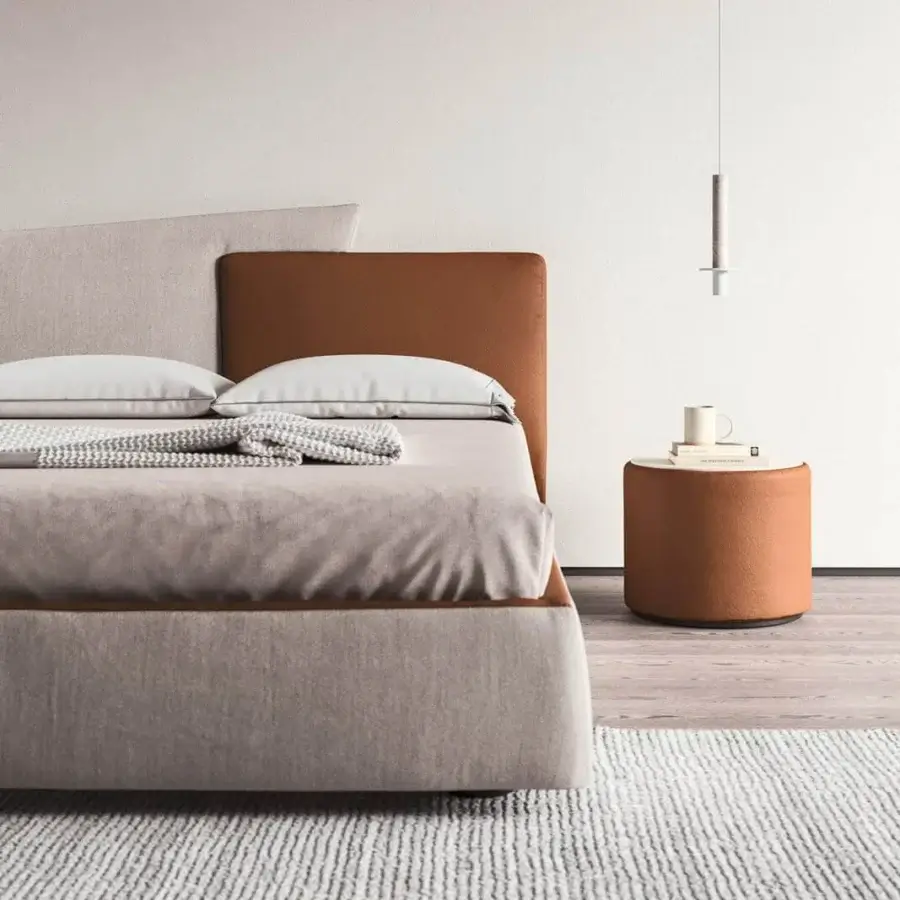 Elegant Presotto Meeting Up bed with trapezoidal headboard elements upholstered in light beige and brown fabric with particle board frame