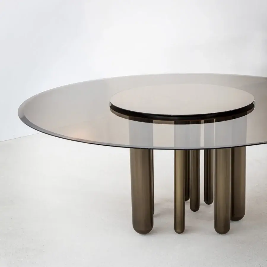 Superior Casa Casati Discoteca table with fumé glass top and mirrored Lazy Susan built with black nickel finished brass legs