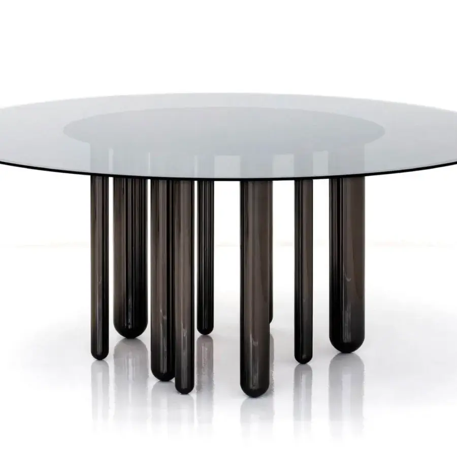 Distinguished Casa Casati Discoteca table with transparent fumé glass top and black nickel finished brass legs