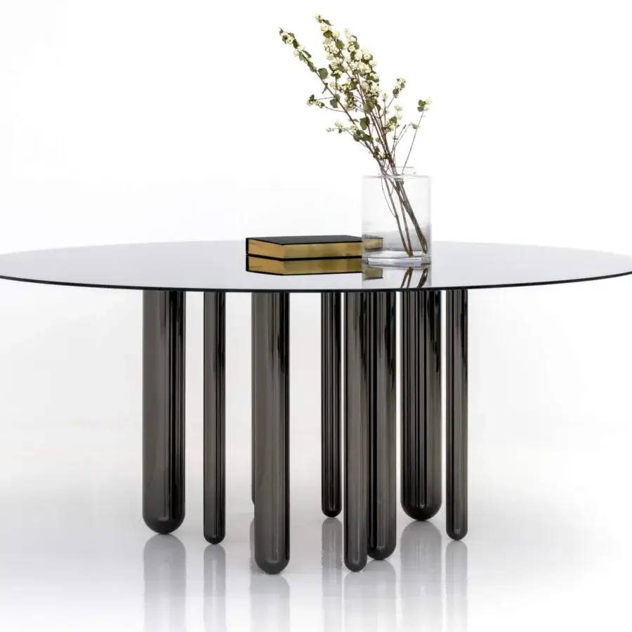 Elegant Casa Casati Discoteca table with fumé glass top and black nickel legs built with a mirrored Lazy Susan and glossy finish