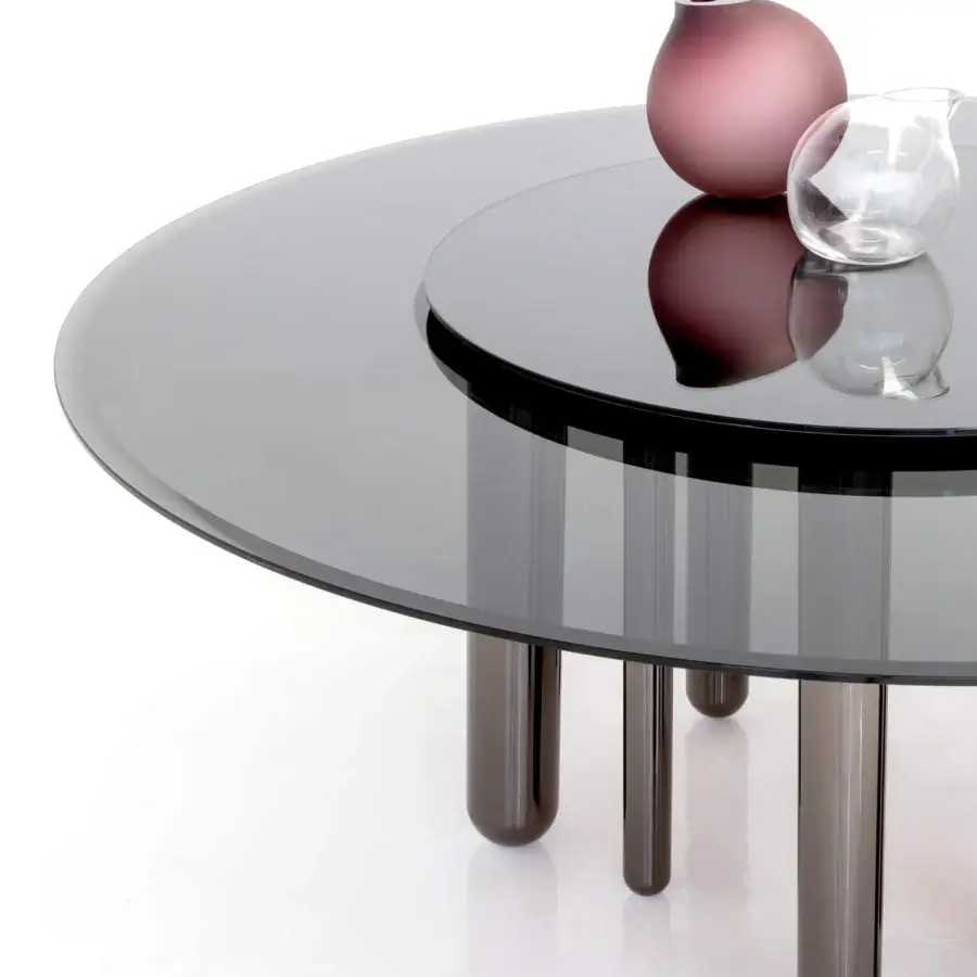 Superior Casa Casati Discoteca table with fumé glass top and mirrored Lazy Susan built with black nickel legs