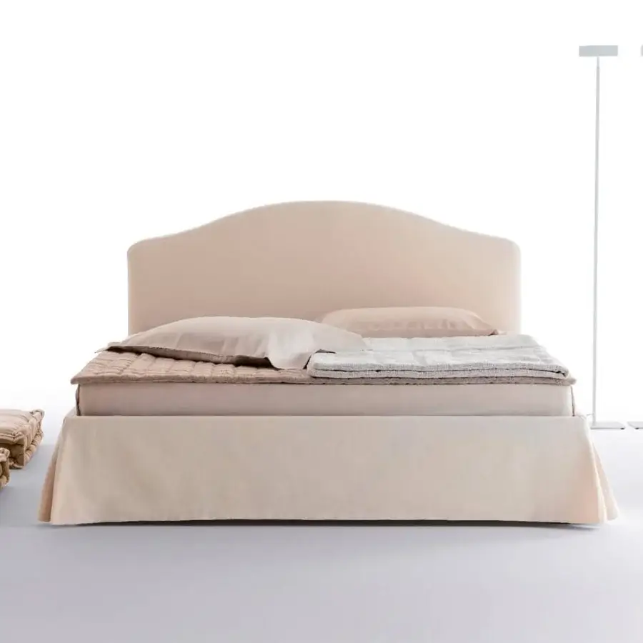 Exceptional Horm Elba Plus bed in light beige textile with curved headboard and mocha lacquered beechwood feet