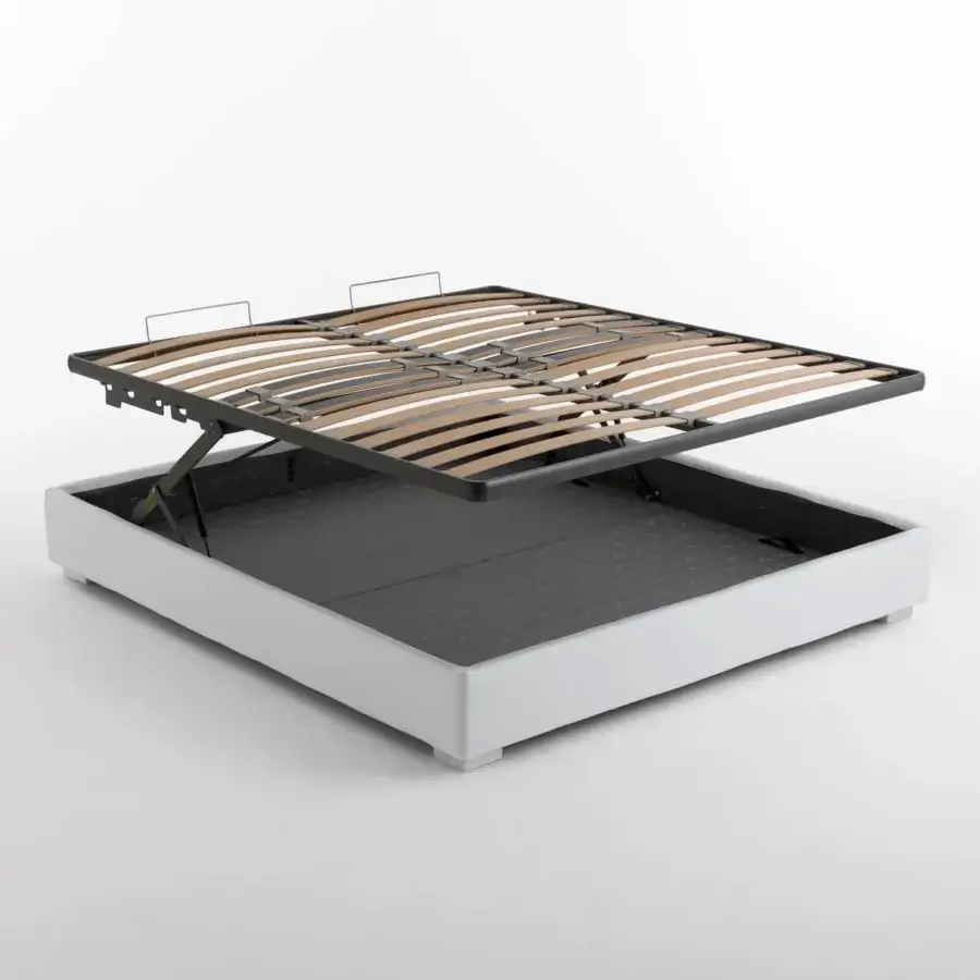 Distinguished Horm Elba bed with white synthetic platform and beechwood feet supporting light brown wooden slats in dark metal structure