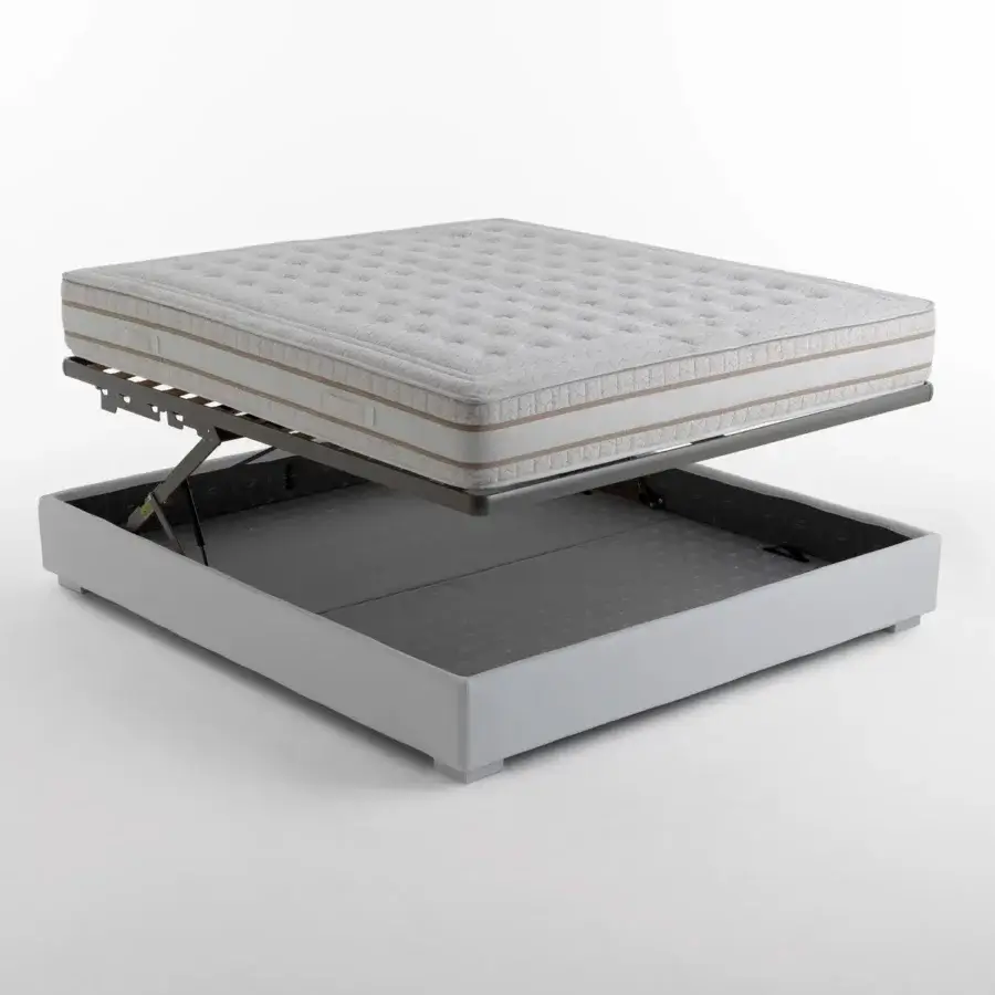 Distinguished Horm Figi bed with light grey synthetic upholstery and mocha lacquered beechwood feet revealing dark grey storage