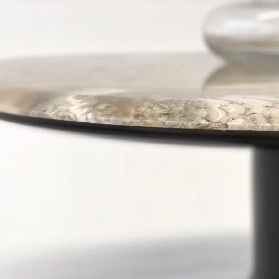 Distinguished Casa Casati Musa table with beige, white and gray marbled top and glossy black high-density polyurethane resin base