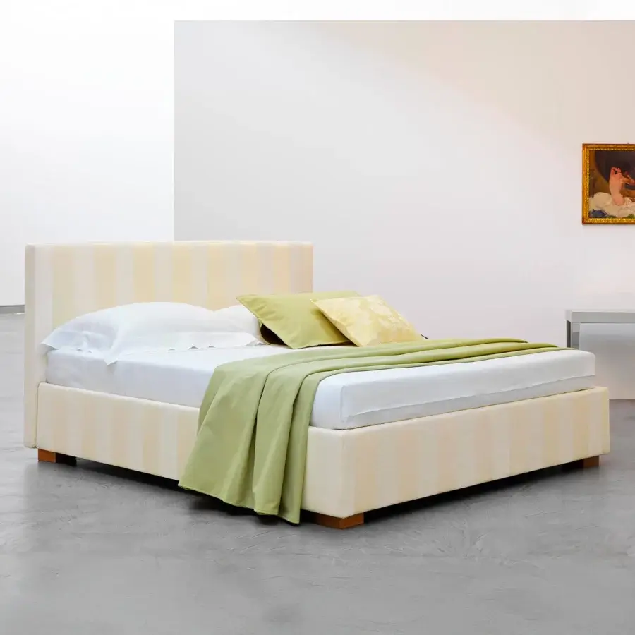 Superior Horm Lipari Plus bed upholstered in striped light beige textile with mocha lacquered beechwood feet