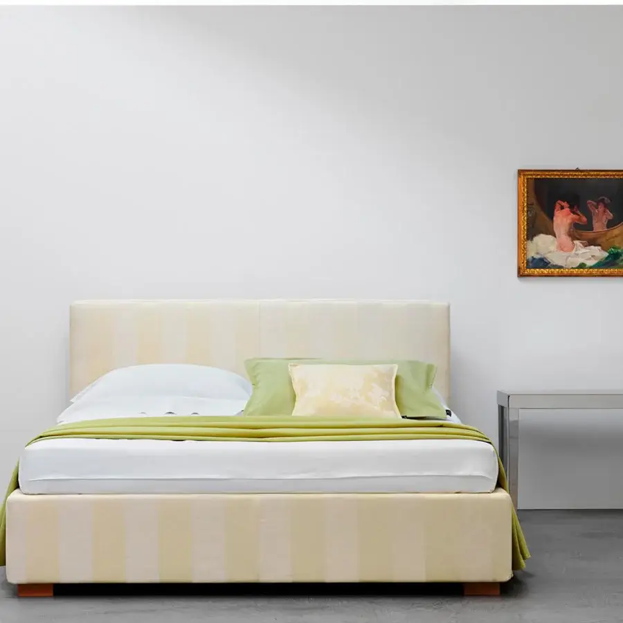 Exceptional Horm Lipari Plus bed crafted in vertically striped light cream textile with mocha lacquered beechwood feet