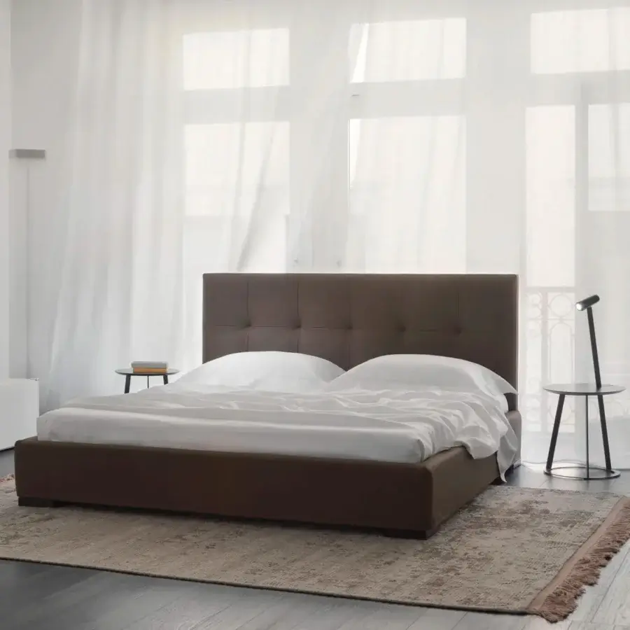 Sophisticated Horm Grenada bed with a grid-patterned headboard upholstered in brown textile and mocha lacquered beechwood feet