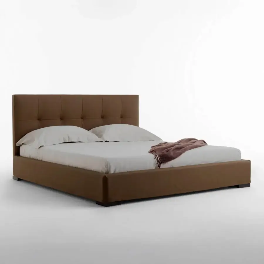 Exclusive Horm Grenada bed with medium brown matte faux leather upholstery and mocha lacquered beechwood feet