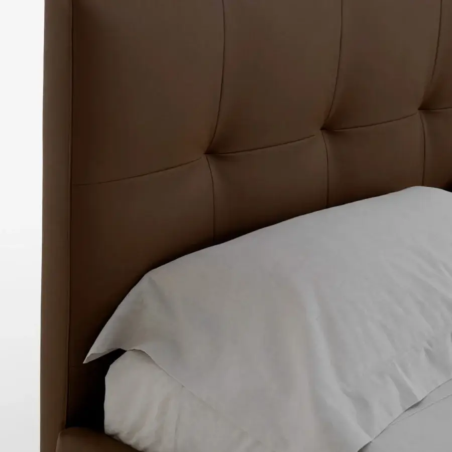 Superior Horm Grenada bed with wide headboard upholstered in premium brown leather and mocha lacquered beechwood feet