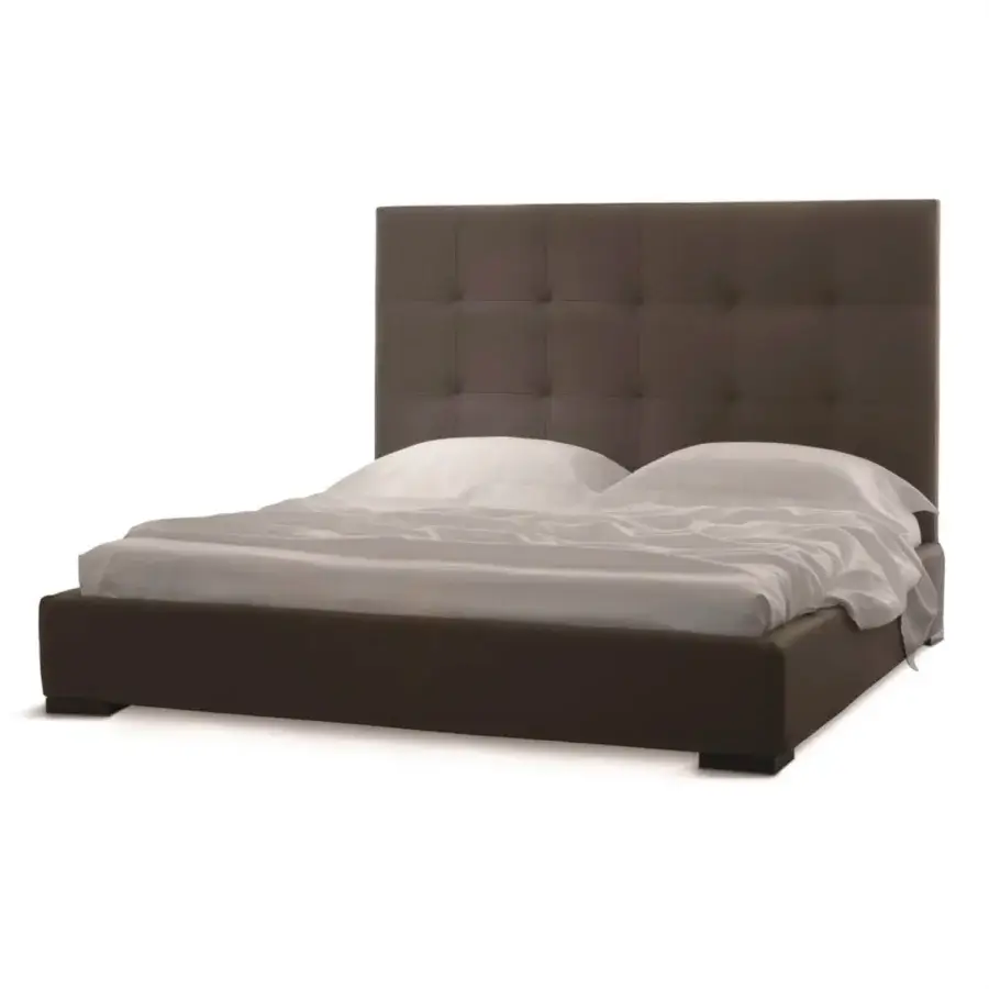 Exceptional Horm Grenada bed with tufted dark brown textile and mocha-finished solid beechwood feet