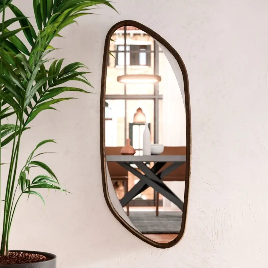 Distinguished Ozzio Italia Monza mirror with oval shape and dark brown wooden frame exhibiting a smooth finish