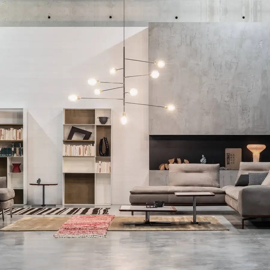 Elegant Cierre1972 Carlton sectional with muted gray-brown textile upholstery and geometric forms