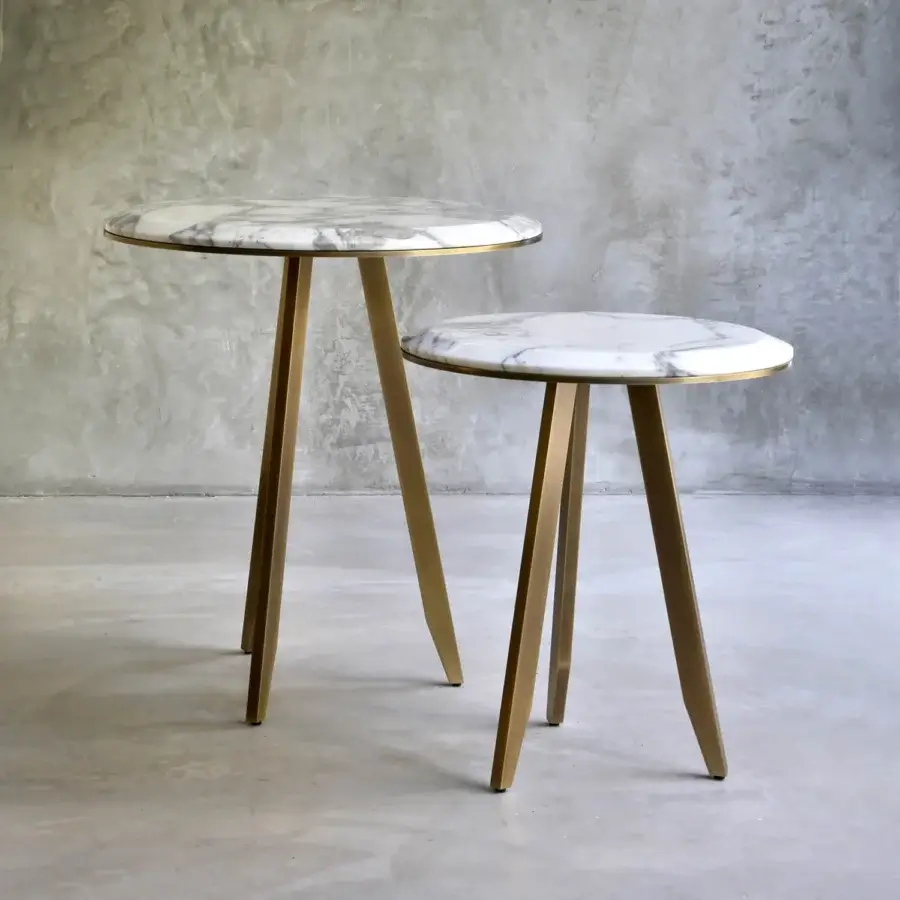 Distinguished Casa Casati Mirage side table with marble top and thin matte gold metal legs crafted in Italy