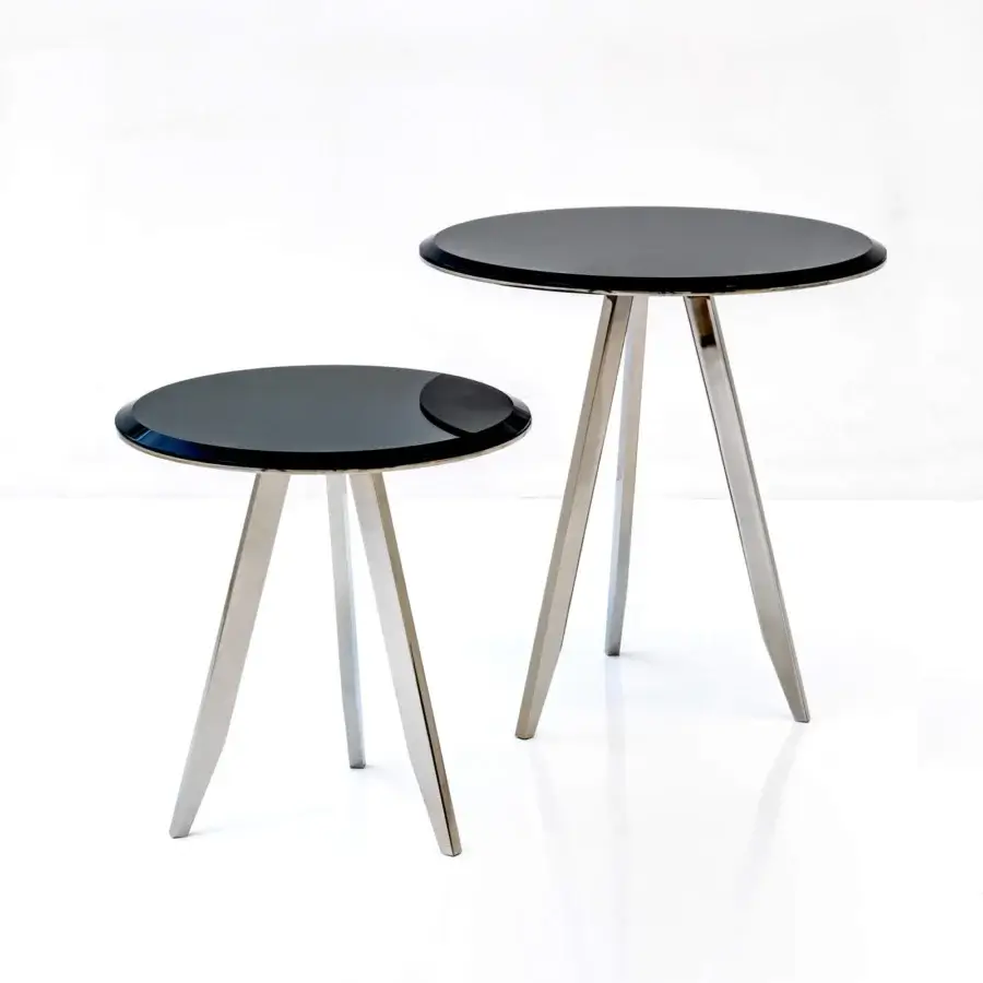 Distinguished Casa Casati Mirage side table with glossy black marble top and polished black nickel metal legs crafted in Italy