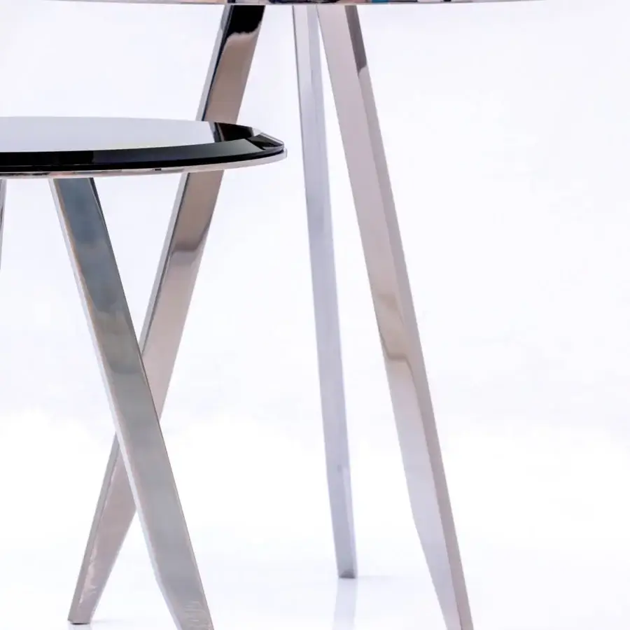 Superior Casa Casati Mirage side table with conical-edged glass top and glossy metal tripod base