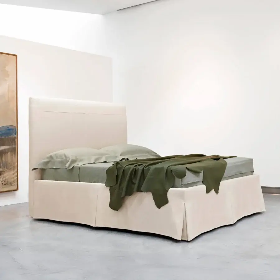 Superior Horm Sardegna bed with light beige textile upholstery and mocha lacquered solid beechwood feet