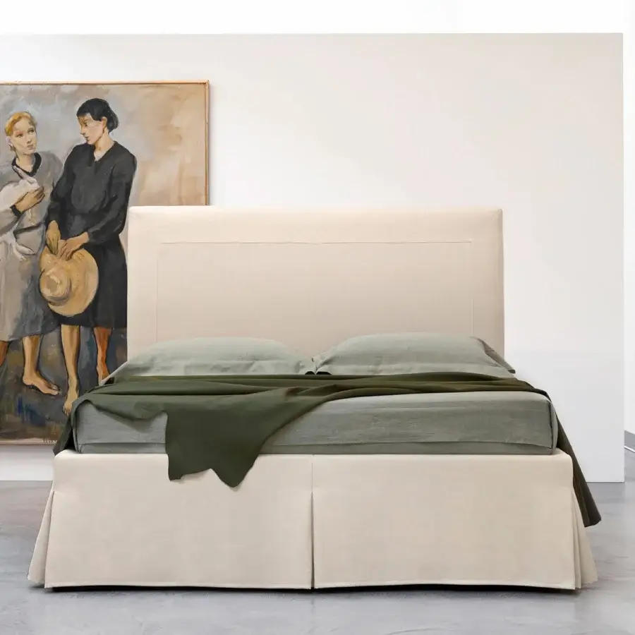 Lavish Horm Sardegna bed with light beige textile upholstery and mocha finished solid beechwood feet