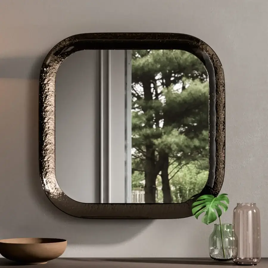 Exceptional Ozzio Italia Raggio mirror with beveled etched glass and textured dark brown finish