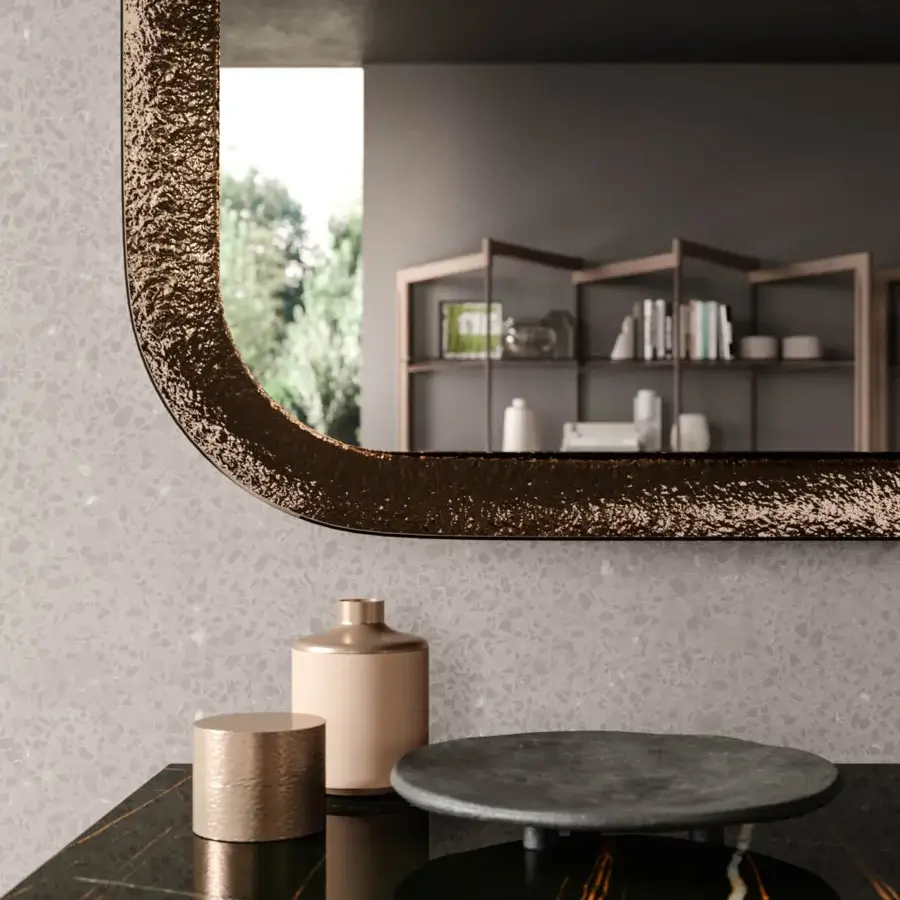 Elegant Ozzio Italia Raggio mirror crafted with beveled etched glass in metallic bronze finish
