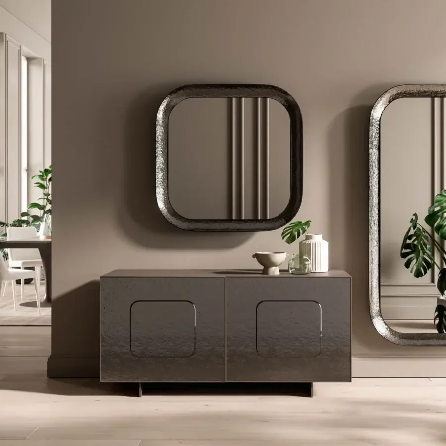 Superior Ozzio Italia Raggio mirror with etched glass and dark gray textured frame exhibiting a contemporary finish
