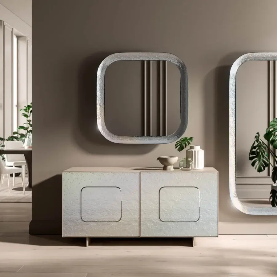 Captivating Ozzio Italia Raggio mirror with light gray back-silvered glass and beveled edge