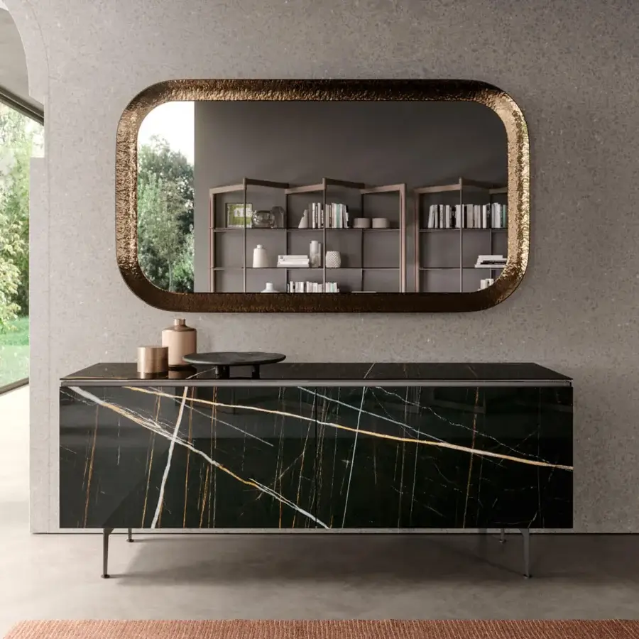 Exceptional Ozzio Italia Raggio mirror crafted with beveled etched glass in metallic gold or bronze tone with a hammered finish
