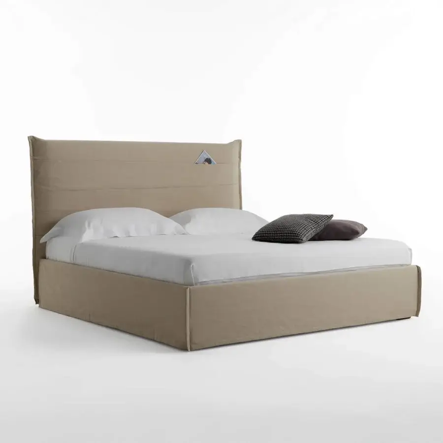Elegant Horm Tasca bed with uniform beige textile upholstery and mocha lacquered solid beechwood feet