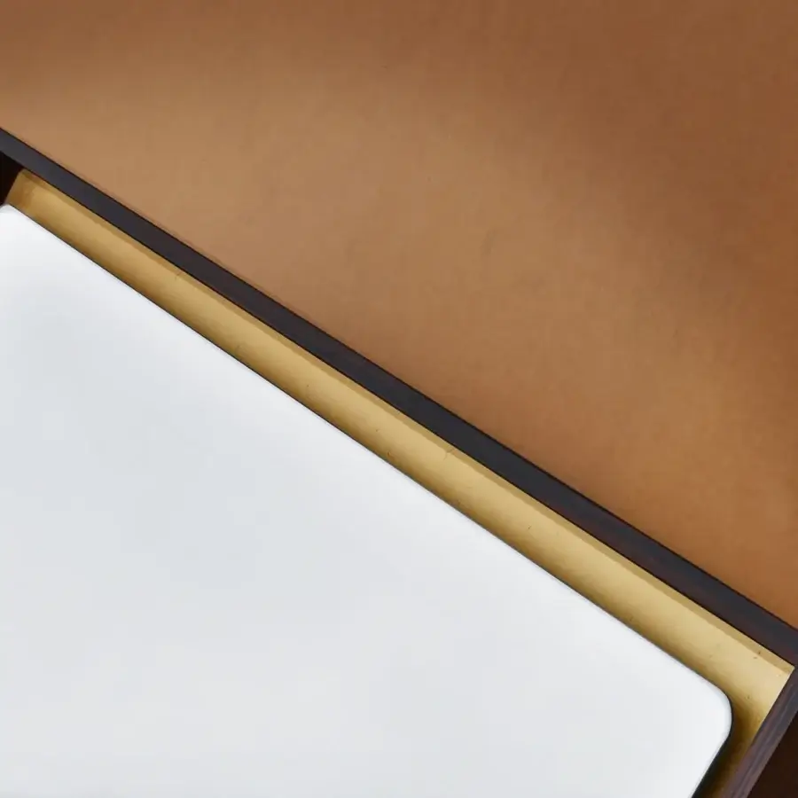 Elegant Casa Casati Splendo wall mirror with rounded corners, clear glass and lustrous synthetic gold leaf background in a glossy wood finish