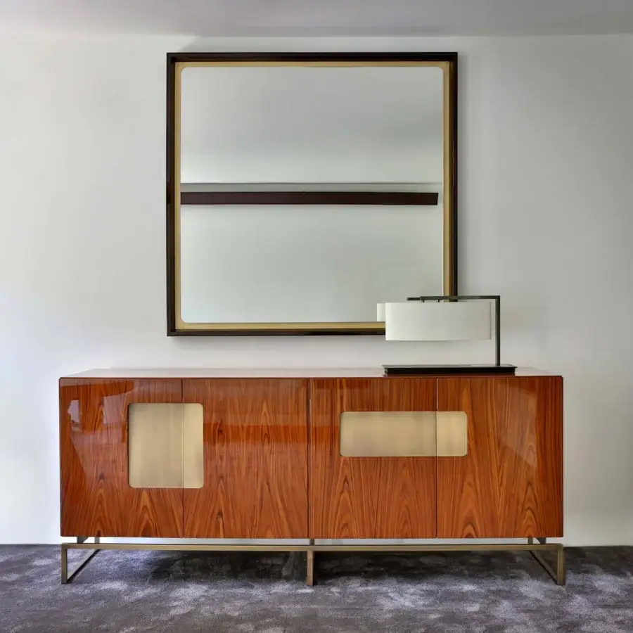 Distinguished Casa Casati Splendo wall mirror with clear glass floating on synthetic gold leaf and glossy dark brown wood finish