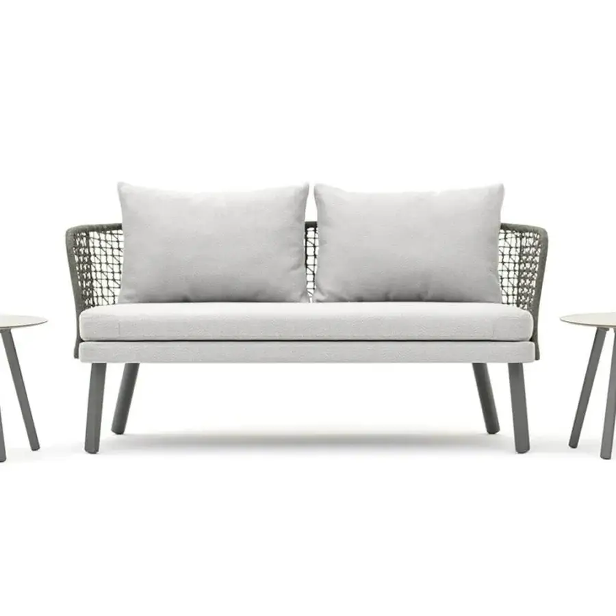 Superior Varaschin Emma sofa with light gray textile cushions and a hand-woven powder-coated aluminum frame