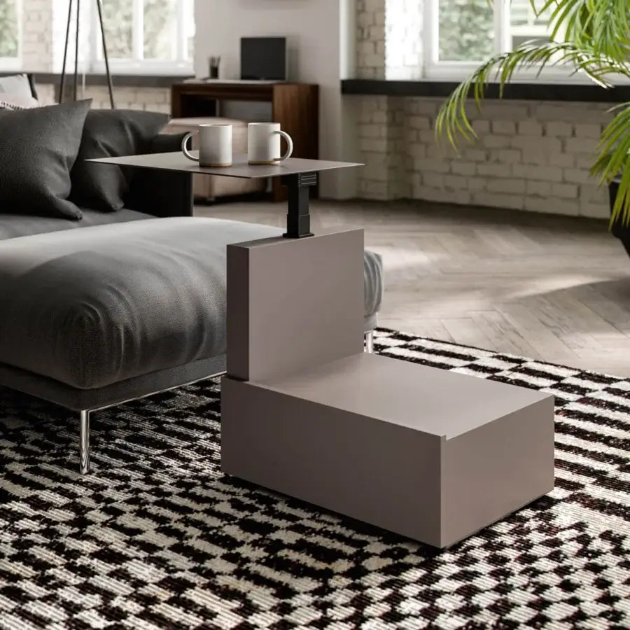 Distinguished Ozzio Italia Malibù side table with closed-pore lacquer and metal top in muted gray-taupe finish